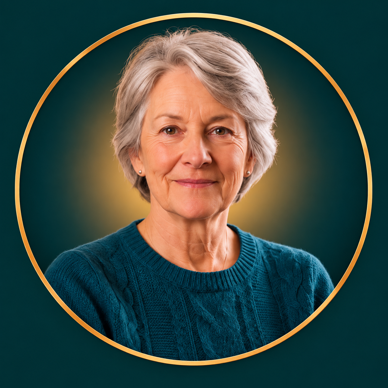 Dot, a silver-haired woman in a teal sweater